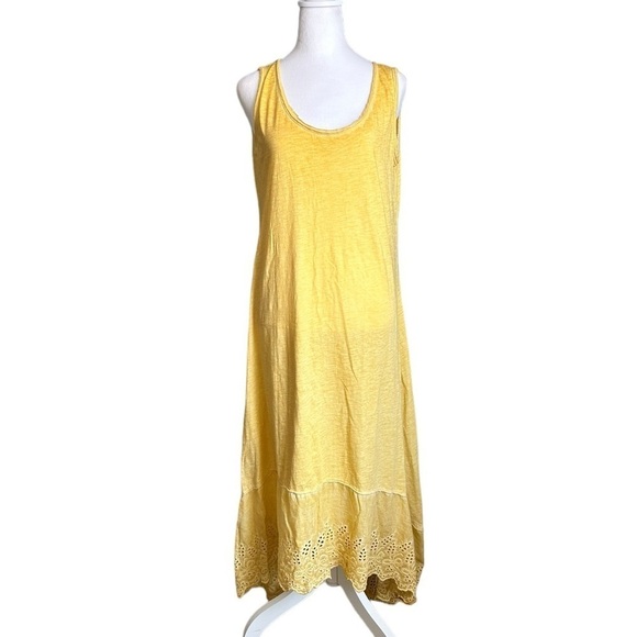 7 Agosto 100% Cotton Yellow Eyelet Hem Sleeveless High Low Maxi Dress size M - Picture 1 of 17